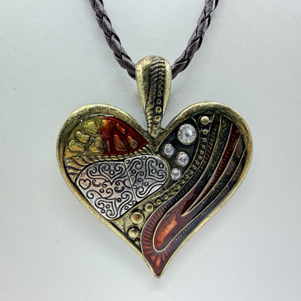 VTG Boho Enamel Heart Statement Pendant Necklace Brown Braided Cord Rhinestone